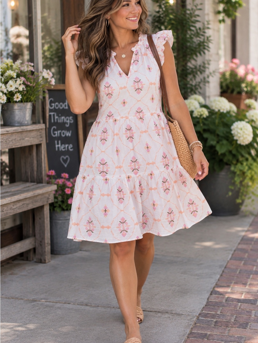 Ruffled V-Neck Mini Dress in Soft Pink Floral